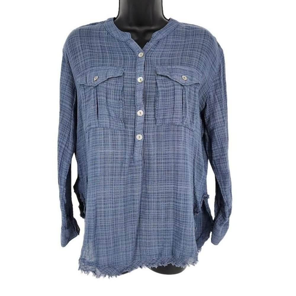Free People Talk To Me Popover Shirt XS Blue Plaid Gauzy Crinkle Fray Hem Button